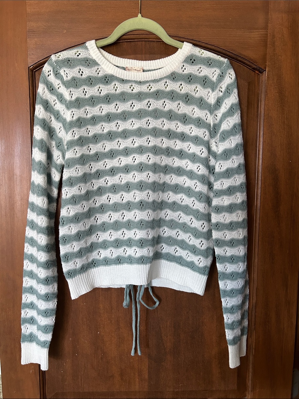 Striped Eyelet Crewneck Sweater in Sage and White